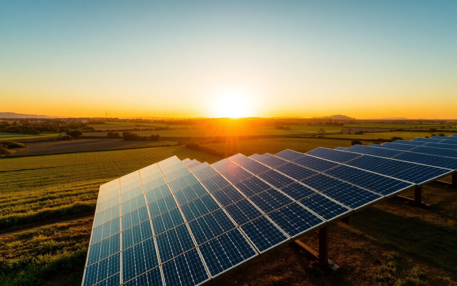 Projeto fotovoltaico rural ao nascer do sol